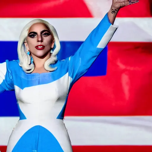 Image similar to Lady Gaga as president, Argentina presidential rally, Argentine flags behind, bokeh, giving a speech, detailed face, Argentina