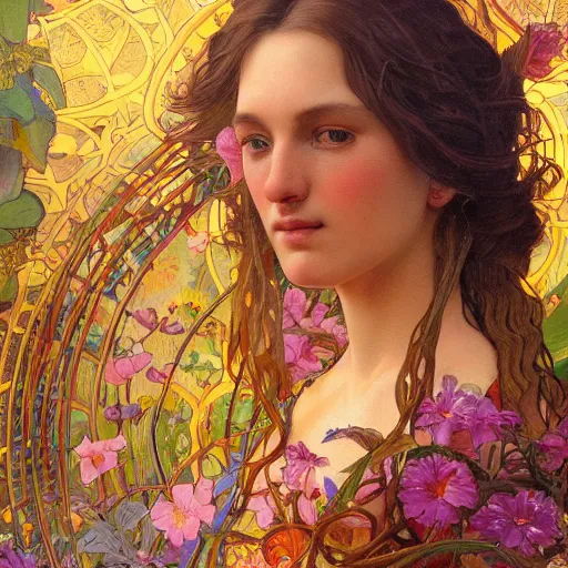 Image similar to a portrait oil painting of a singular beautiful female godess of spring with colorful flowers, holy geometry, tarot card style, by Mohrbacher and Moebius and Alphonse Mucha and Roger Deakins, cinematic lighting, masterpiece, golden ratio background, highly detailed, 8k resolution, trending on art station