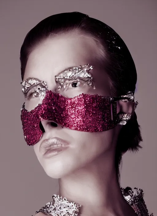 Image similar to a fashion portrait photograph of a woman wearing a high fashion mask art directed by Alexander McQueen, 35mm, pentax, studio lighting