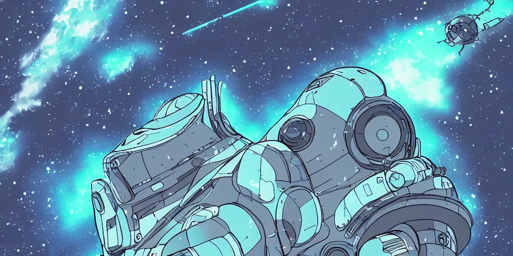 Image similar to Tardigrade shaped space ship in space, Hyper detailed, Anime, Gurren Lagan, Neon, Grey, Space, Nebula, Galaxy, 4k, Illustration