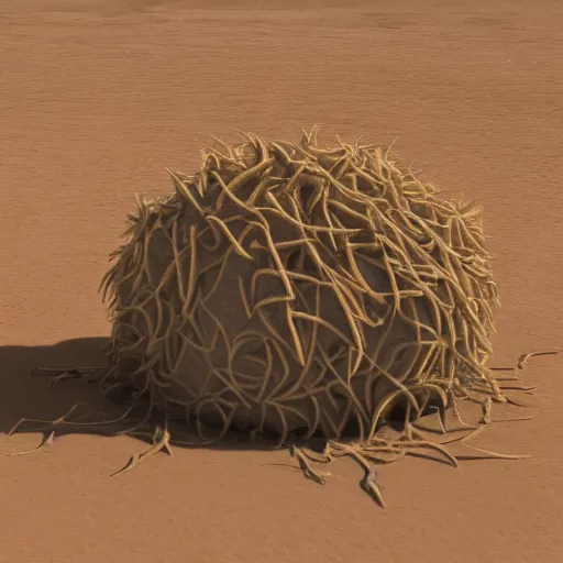 Prompt: a spaceship shaped like a tumbleweed, 3d render, photorealism, 8k, award winning , movie scene