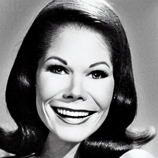 Prompt: a black and white photo of Mary Tyler Moore in her younger days while on the famous TV show she was on in the 60's.