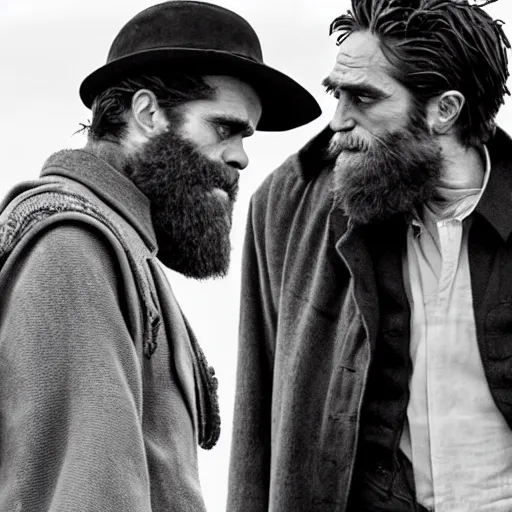 Image similar to Willem Dafoe with a beard and Robert Pattinson with a moustache in The Lighthouse (2019), high contrast, black and white cinematography