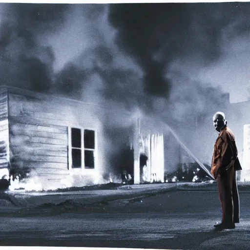 Image similar to a photo of walter white standing in front of a building on fire, highly detailed, 4 k