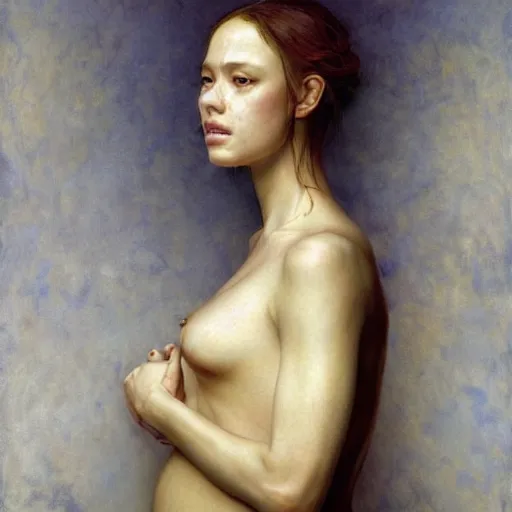 Prompt: epic masterpiece full body portrait a beautiful 7 months pregnant woman crying in shame, beautiful face and flawless skin, by Edgar Maxence and Ross Tran and Michael Whelan