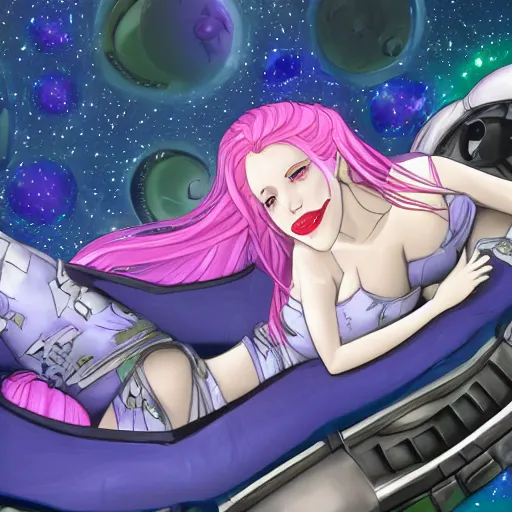 Prompt: fae valentine lying down ontop of her spaceship taking a nap