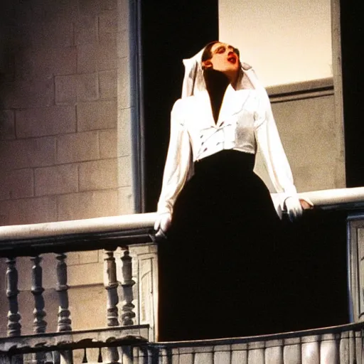 Image similar to lady gaga in Evita 1996, singing on the balcony