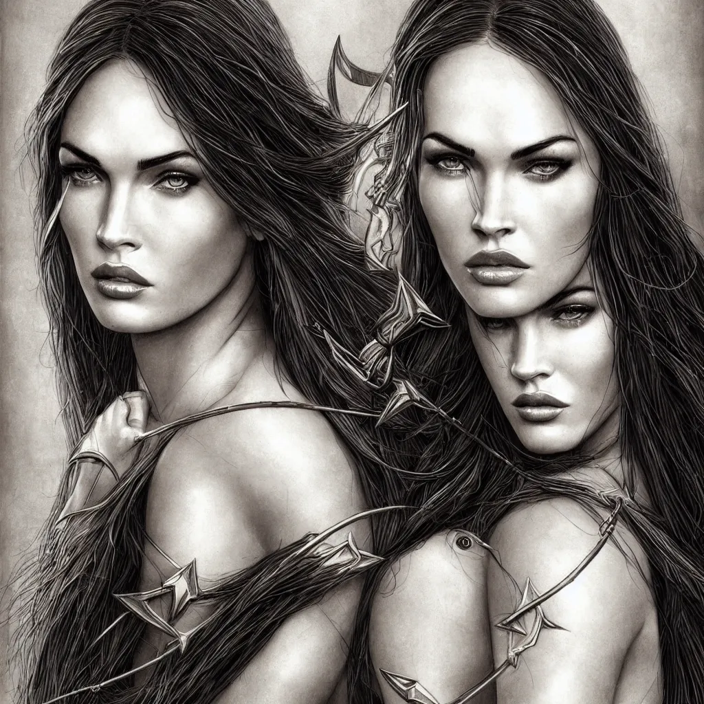 Image similar to portrait of beautiful megan fox as greek goddess aphrodite, archer, arrow on the head, beautiful piercing eyes, flowing blonde hair, realistic face, black and white drawing, in the style of greg rutkowski, fantasy, amazing detail, epic, intricate, elegant, smooth, sharp focus