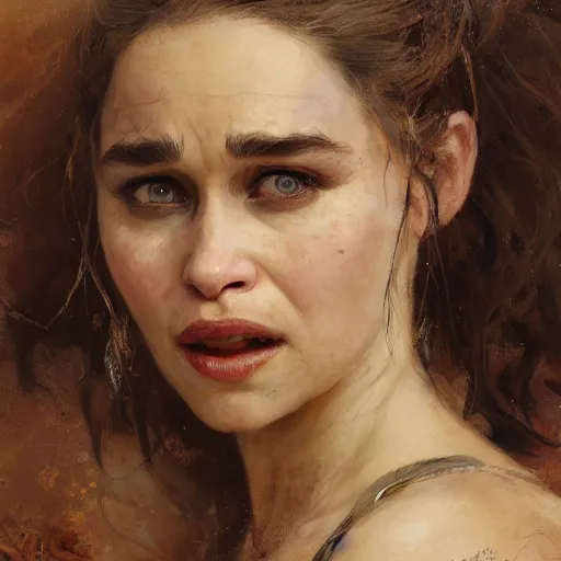 Image similar to emilia clarke with fangs, detailed, by gaston bussiere, bayard wu, greg rutkowski, giger, maxim verehin, greg rutkowski, masterpiece, sharp focus,