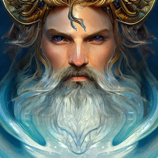 Image similar to portrait Poseidon god of sea, sci-fi, fantasy, intricate, very very beautiful, elegant, highly detailed, digital painting, artstation, concept art, smooth, sharp focus, illustration, art by artgerm and greg rutkowski and alphonse mucha