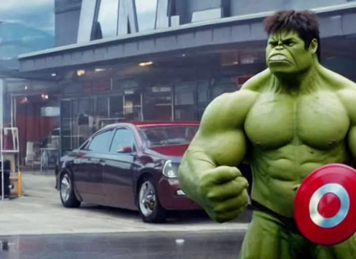 Image similar to film still of hulk working at mcdonalds drive through in the new avengers movie, 4 k