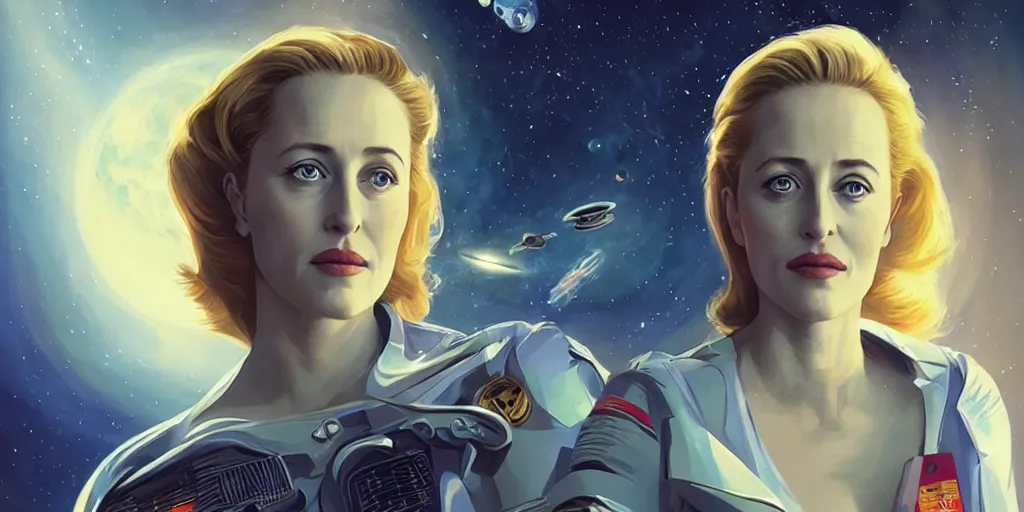 Image similar to Young Gillian Anderson as a stunning , beautiful retro SCI-FI space heroine 1985 , movie poster, intricate, elegant, highly detailed, centered, digital painting, trending on artstation, concept art, smooth, sharp focus, illustration, art by raphael lacoste ,eddie mendoza ,alex ross, WLOP