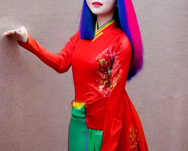 Image similar to pretty vietnamese woman with rainbow hair wearing a red ao dai