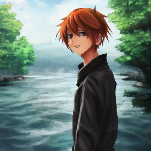 Image similar to cute anime boy standing by a large river, digital art , highly detailed , high contrast, beautiful lighting, award winning , trending on art station, photorealistic, 8k