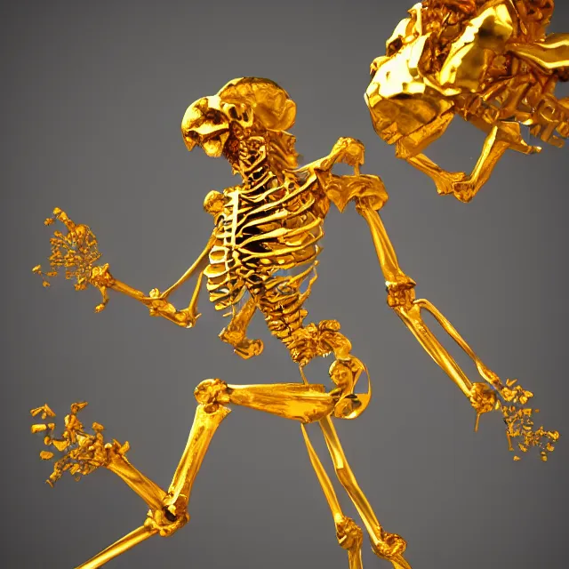 Image similar to golden skeleton fragmented into tiny pieces, 3d render, 4k, artstation