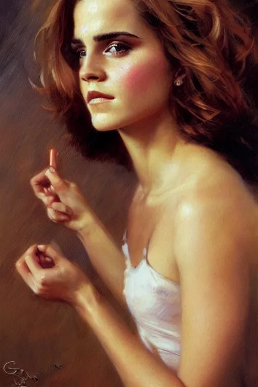 Image similar to detailed portrait of a beautiful emma watson 1 9 8 0 s hairstyle muscular, painting by gaston bussiere, craig mullins, j. c. leyendecker