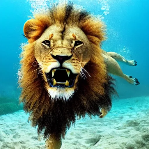 Prompt: photo of lion swimming underwater,