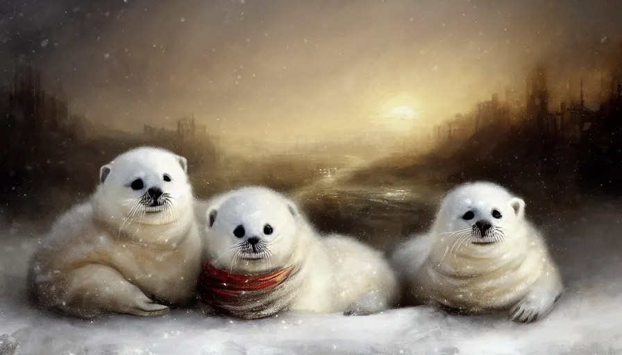 Image similar to highly detailed painting of cute furry white baby seals cuddled up in a cardboard box in a snowy cloudy sky castle by william turner, by greg rutkowski, by william constable, by greg tocchini, thick brush strokes and visible paint layers, 4 k resolution, retrowave colour scheme