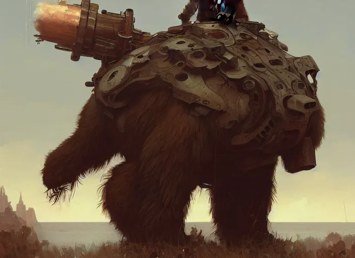 Image similar to a giant bear with a giant cannon in his back, exoskeleton, technology, elegant,, highly detailed, digital painting, artstation, concept art, smooth, sharp focus, illustration, art by krenz cushart and artem demura and alphonse mucha