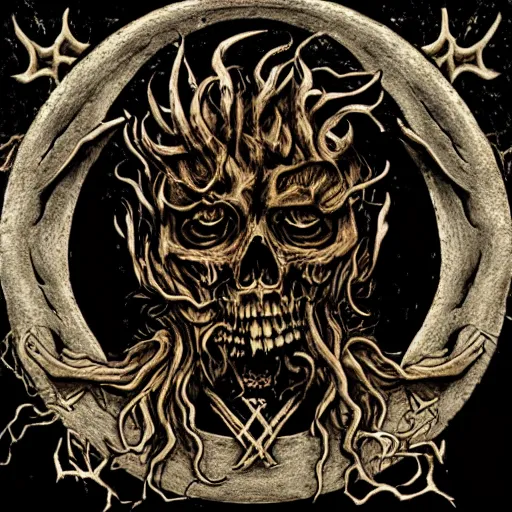 Image similar to a logo for a philosophy club, in the style of a deathmetal album cover