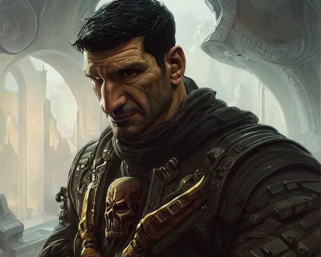 Prompt: a gaming screenshot still portrait of the punisher, deep focus, d & d, fantasy, intricate, elegant, highly detailed, digital painting, artstation, concept art, matte, sharp focus, illustration, dark fantasy style art, hearthstone, art by artgerm and greg rutkowski and alphonse mucha