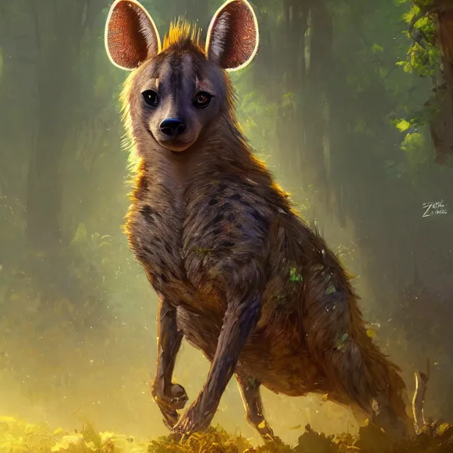 Image similar to a beautiful painting of a cute brown hyena in a forest. disney character design by cory loftis, fenghua zhong, ryohei hase, ismail inceoglu and ruan jia. artstation, volumetric light, detailed, photorealistic, rendered in octane