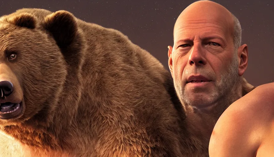 Image similar to bruce willis is a bear, hyperdetailed, artstation, cgsociety, 8 k