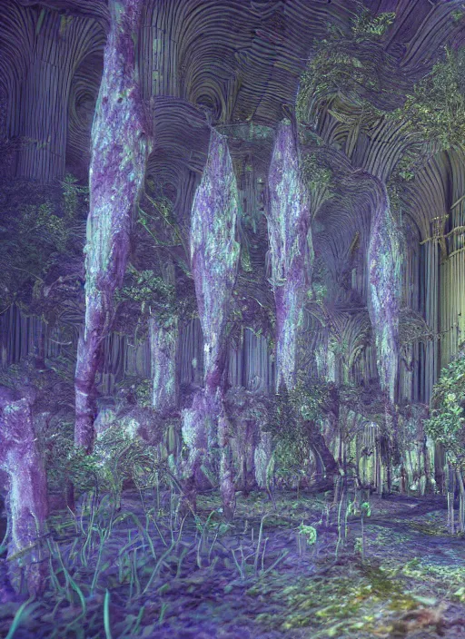 Image similar to mycelium growing into a cathedral in magical forest, 3 d render in octane, glossy, fractals, beautiful lighting, fog, depth, under water, ernst haeckel