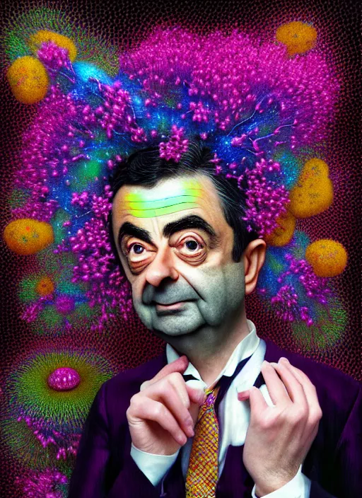 Image similar to hyper detailed 3d render like a Oil painting - kawaii portrait of Rowan Atkinson in Aurora seen Eating of the Strangling network of yellowcake aerochrome and milky Fruit and Her delicate Hands hold of gossamer polyp blossoms bring iridescent fungal flowers whose spores black the foolish stars by Jacek Yerka, Mariusz Lewandowski, Houdini algorithmic generative render, Abstract brush strokes, Masterpiece, Edward Hopper and James Gilleard, Zdzislaw Beksinski, Nicoletta Ceccoli, Wolfgang Lettl, hints of Yayoi Kasuma, octane render, 8k