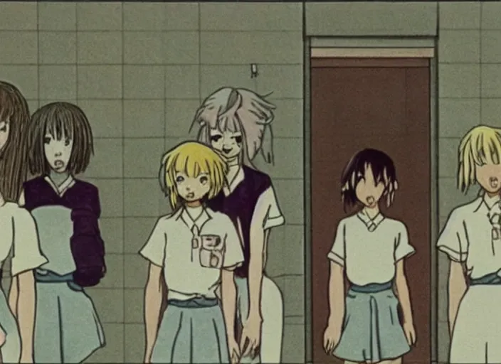 Image similar to screenshot from guro anime, 8 0's horror anime, yellowed grainy vhs footage with noise, four schoolgirls trapped in a bathroom, bathroom stalls and sinks and tiled floor, sad scared girls are in beige sailor school uniforms, one girl has white hair, detailed expressive faces, various hair colors and styles, in the style of ghibli,