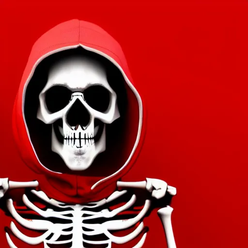 Image similar to a skeleton in a red hoodie with a rifle ultrarealism