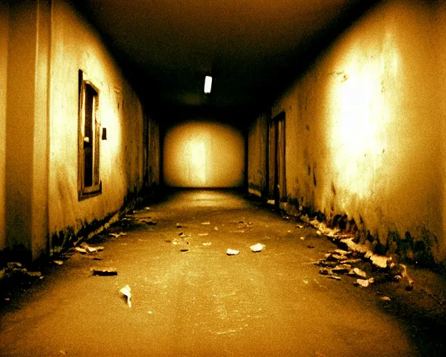 Prompt: dark abandoned hallway at night, bright eyes in shadows, letterboxing, widescreen, 40mm tape, technicolour film, grainy, horror, eyes!!!!!!