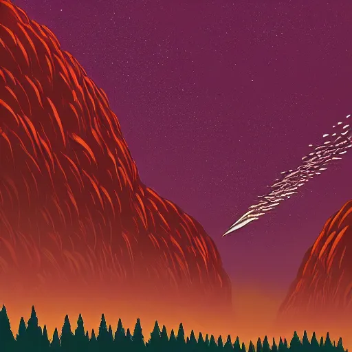 Image similar to very detailed, ilya kuvshinov, mcbess, rutkowski, illustration of an amazing meteor shower