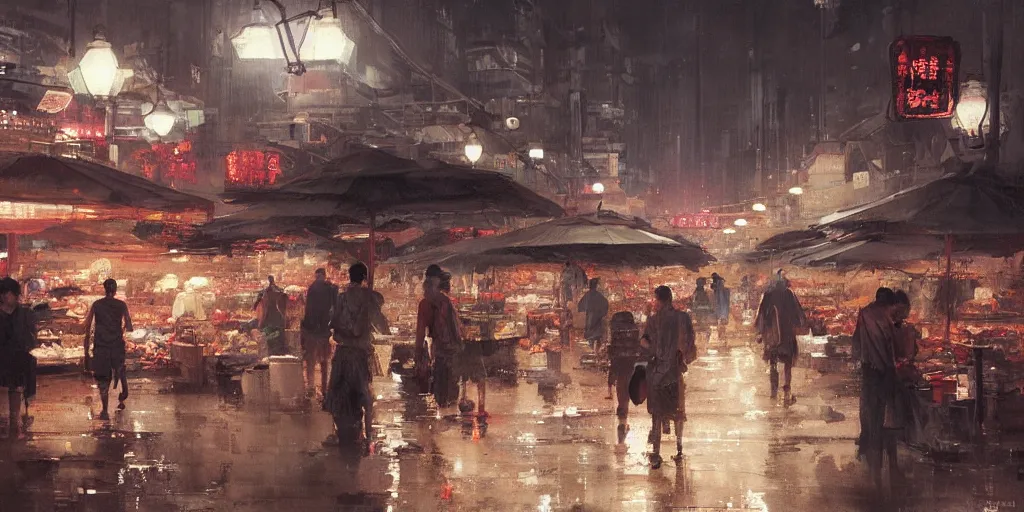 Image similar to an asian wet market at night, by greg rutkowski