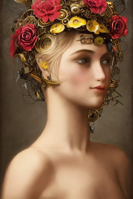 Image similar to close-up portrait of a beautiful young cyborg woman with a big steampunk flower crown, Honoré Beaumier lithography