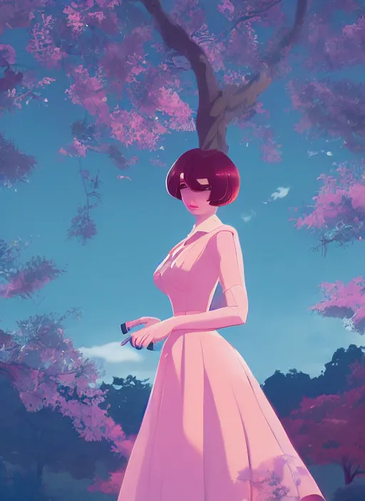 Prompt: a beautiful woman in 1950\'s fashion, park landscape, 4k, anime key visual, lois van baarle, ilya kuvshinov, rossdraws, artstation