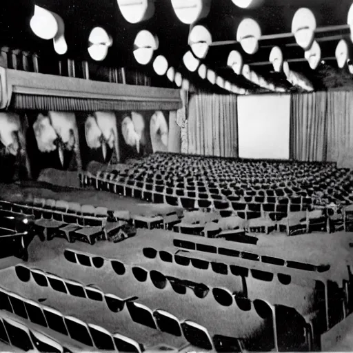 Image similar to full 1 9 5 0's movie theatre, audience all wearing vr headsets. image taken at front of theatre looking towards the crowd. dark only light coming from the screen. audience illuminated