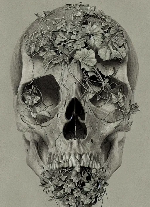 Prompt: skull, ivy, death, intricate detail by beeple