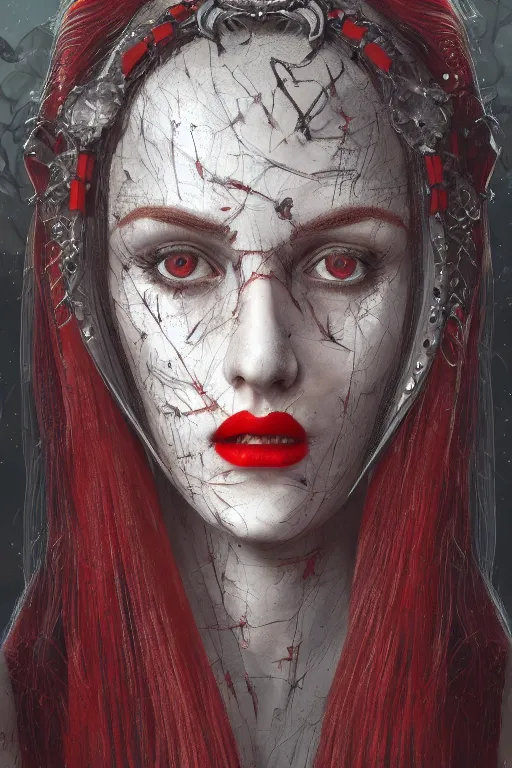 Prompt: portrait of beautiful young gothic maiden, warhammer, a lot of scars, red lips, the middle ages, highly detailed, artstation, illustration, art by max ernst, 8 k quality
