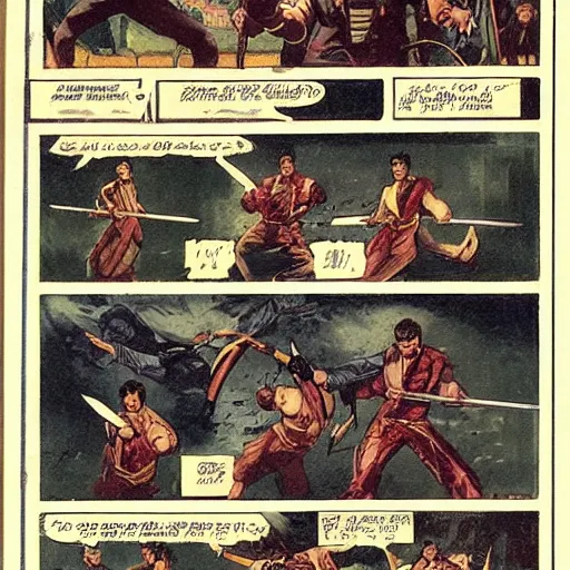 Image similar to vintage comic, greg rutkowski man with long sword fighting several martial artists at once