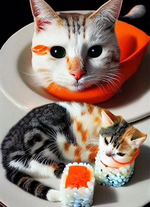 Image similar to clear photorealistic picture of adorable cats made out of sushi