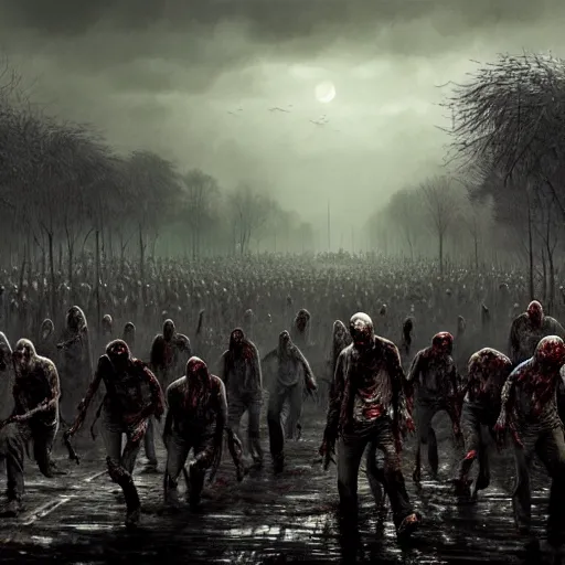 Image similar to a highly detailed scene of a zombie army, like walking dead, like night of the living dead, in the style of greg rutkowski, digital photography, photorealistic, realistic, extreme detail