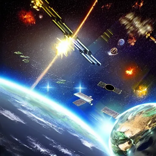 Image similar to Earth defenses 1556, space satellites, lasers firing, space station, missiles, weapon arrays, explosions, bright thin lasers, beautiful lighting