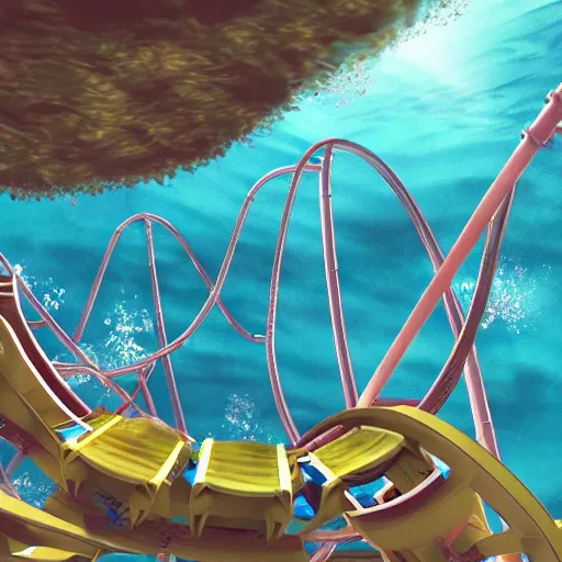 Image similar to underwater roller coaster, photorealistic, detailed