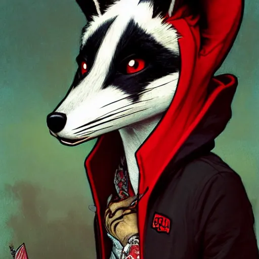 Image similar to anthropomorphic red white and black fox with exquisite tall ears and wearing a nose ring and a hoodie. Renowned character illustration by greg rutkowski, thomas kindkade, alphonse mucha, loish, norman rockwell.