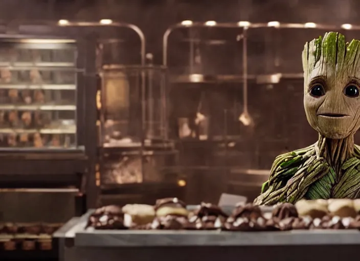 Image similar to film still of Groot working as a chocolatier in the new Avengers movie, 4k