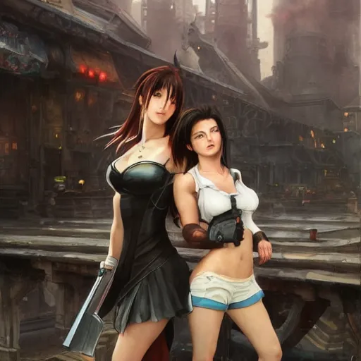 Image similar to a painting of tifa lockhart and aerith gainsborough from final fantasy 7, the midgard steam punk city as backdrop, by greg rutkowski, artgerm, wlop, ruan jia, krenz cushart, alphonse mucha, rain, unreal engine 5