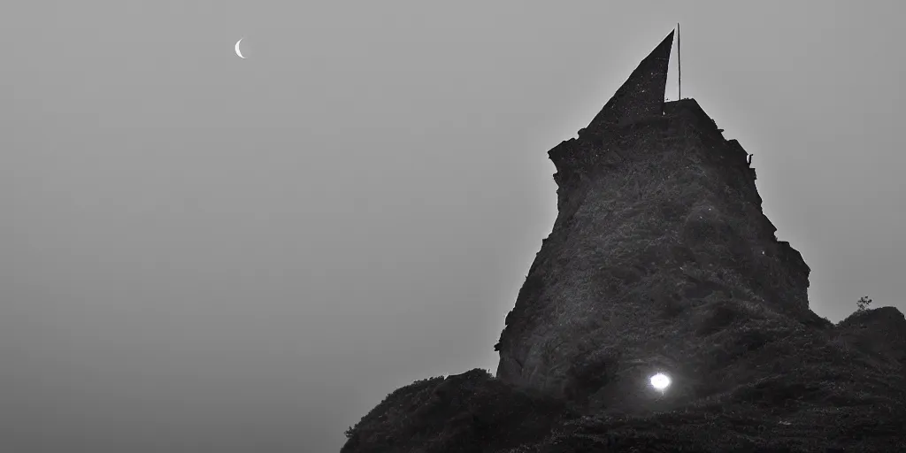 Prompt: a tall pointy castle atop a steep mountain, fog engulfs the ground below and a big glowing crescent moon lingers above