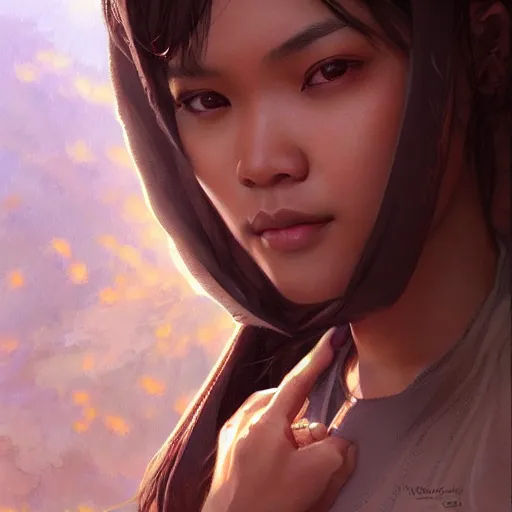 Image similar to a Filipina woman, portrait, highly detailed, digital painting, artstation, concept art, sharp focus, illustration, cinematic lighting, art by artgerm and greg rutkowski and alphonse mucha