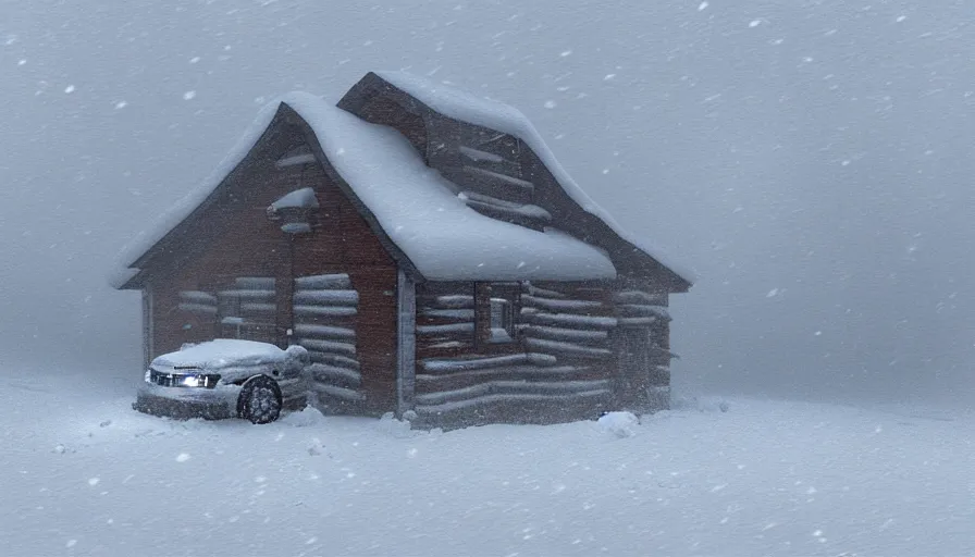 Image similar to A Snowplow!! clearing a beautiful snowy landscape with a small hut in the background. A blizzard and heavy snow falls. Fog and mist, highly detailed, concept art, digital art, 4k, high snow